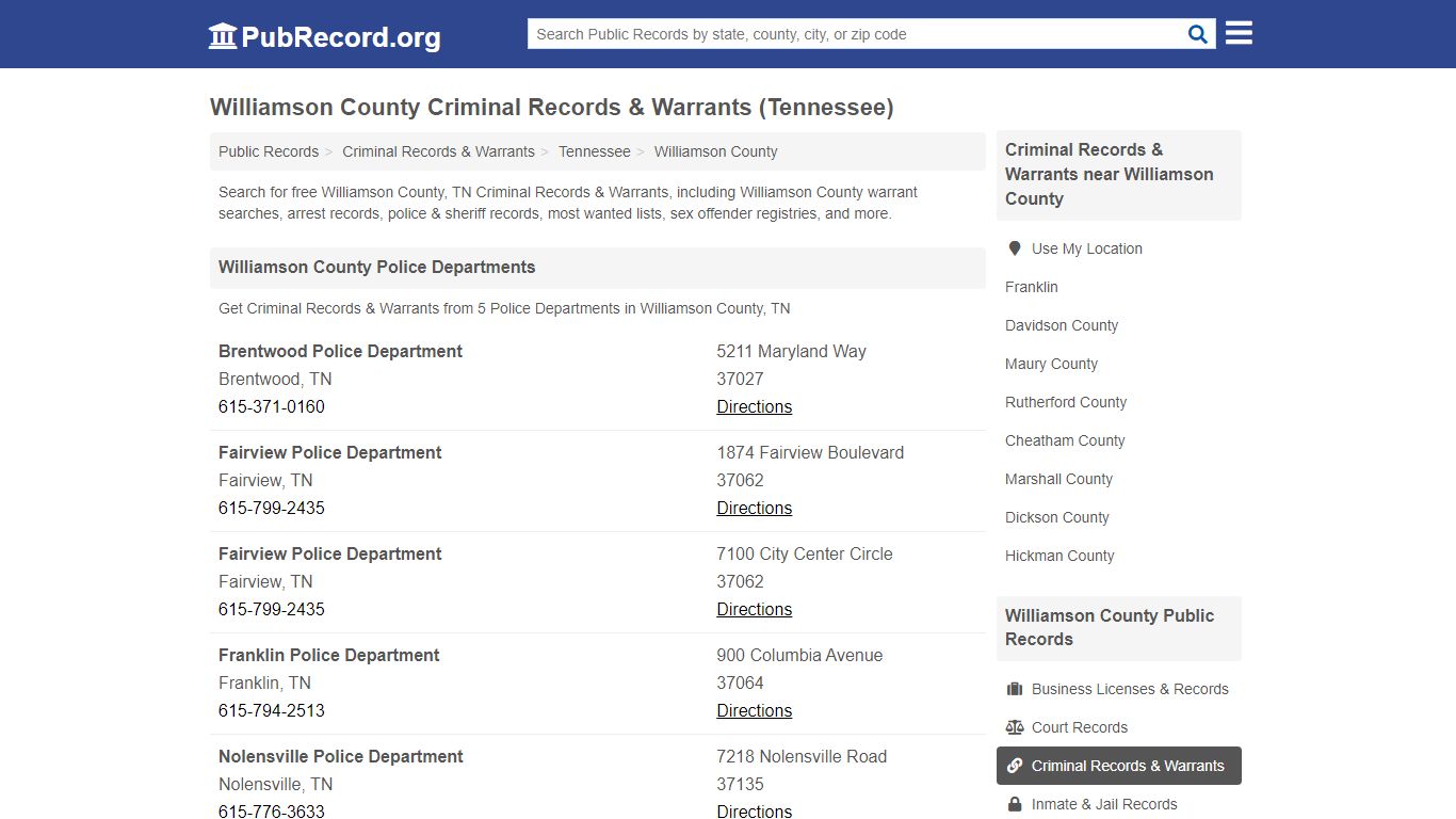 Williamson County Criminal Records & Warrants (Tennessee)